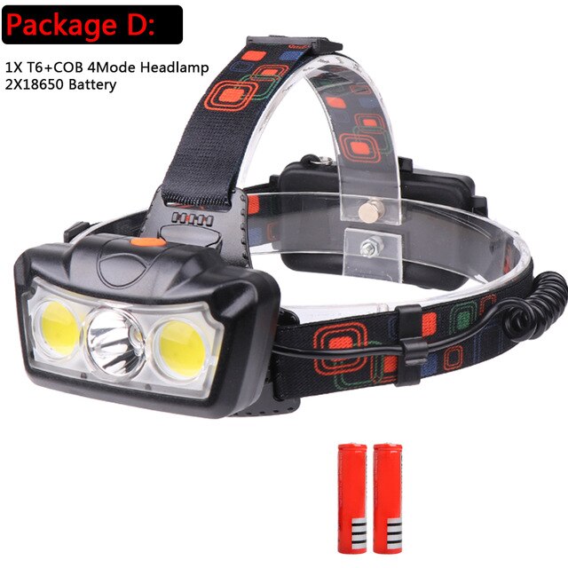 LED Koplamp T6 + COB LED Koplamp Koplamp Zaklamp Fakkel Lantaarn hoofd licht Gebruik 18650 batterij voor Camping: packet D