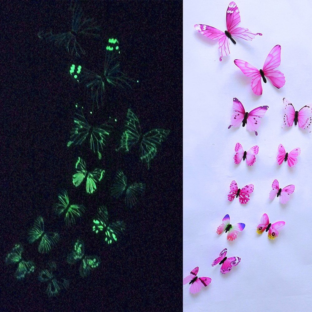 12pcs Luminous Butterfly Decal Art Wall Stickers Room Magnetic Decor BU diy Room Magnetic Home Decor wall stickers set ar: Pink 