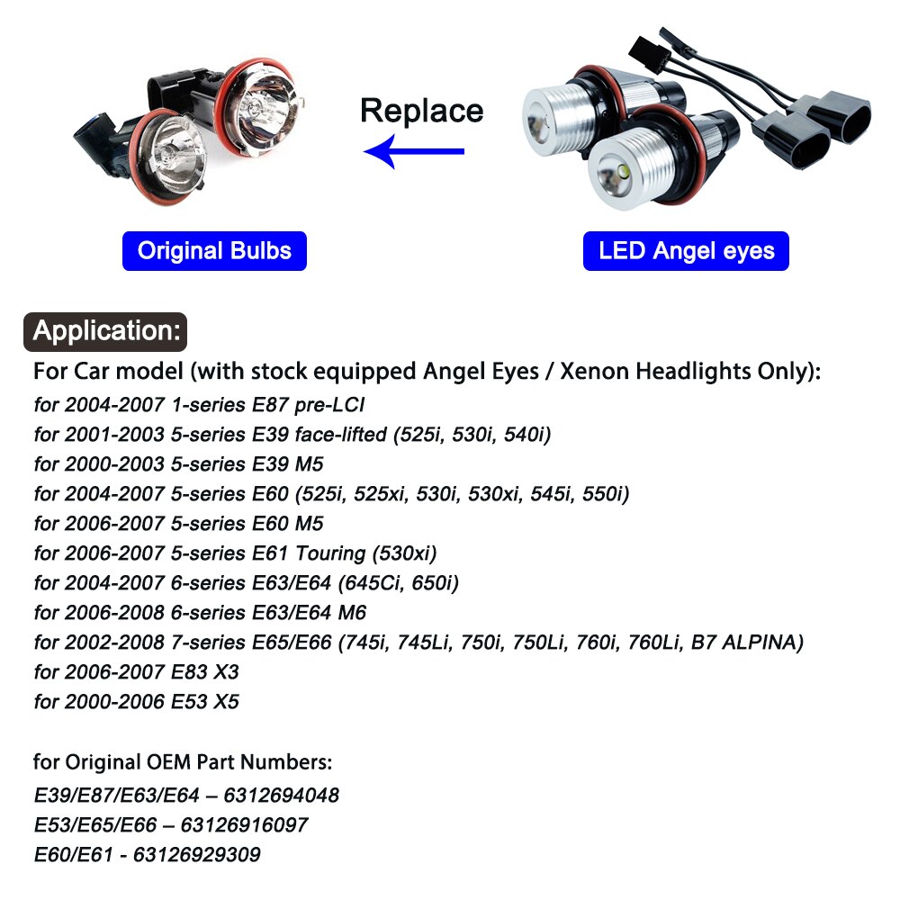 2Pcs LED Angel Eyes Marker Lights Bulbs For E39 E53 E60 E61 E63 E64 E65 E66 E87 525i 530i xi 545i M5 Error Free 2*5W