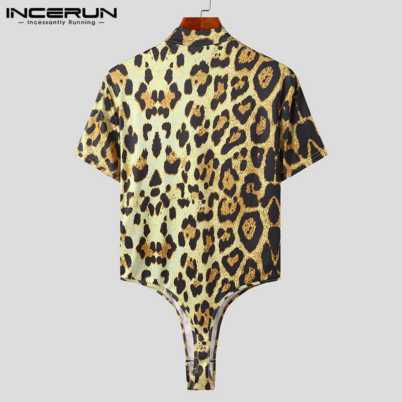 Men Bodysuits Leopard Print Underwear Turtleneck Short Sleeve Zipper Sexy Rompers Skinny Cozy Men Bodysuit Pajamas S-5XL INCERUN