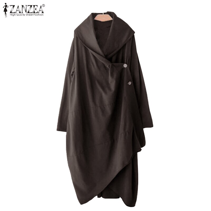 ZANZEA Herfst vrouwen Dunne Jassen Casual Lange Mouwen Revers Hals Asymmetrische Uitloper Blusas Vrouwelijke Knop Vesten S-5XL Tops: Coffee / L
