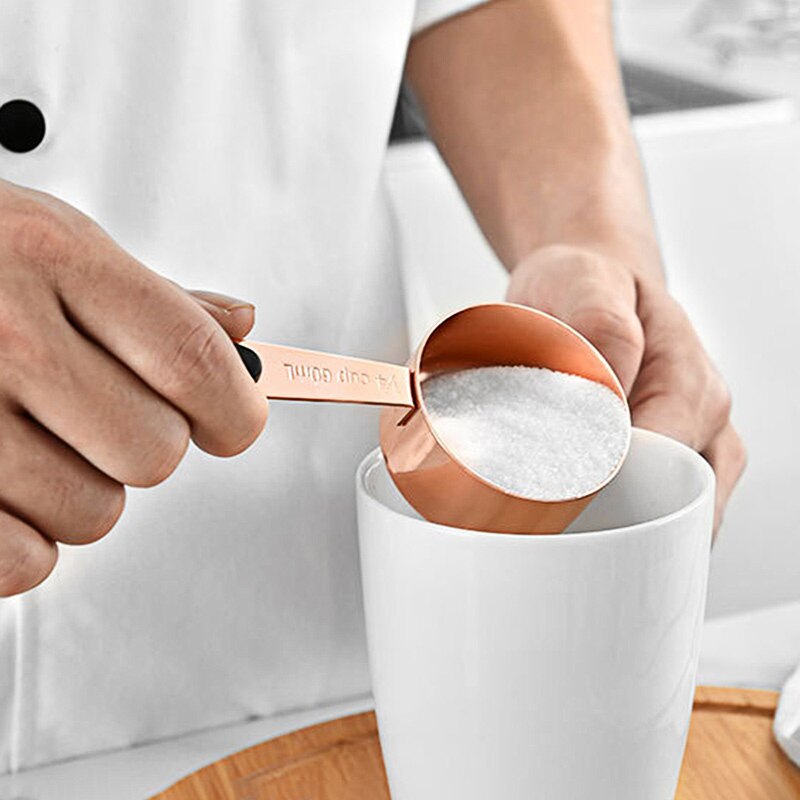 Household Kitchen Dining Bar Baking Tools Walnut Wooden Handle Copper Plating Measuring Cups Spoon Cake Sugar Tools Set
