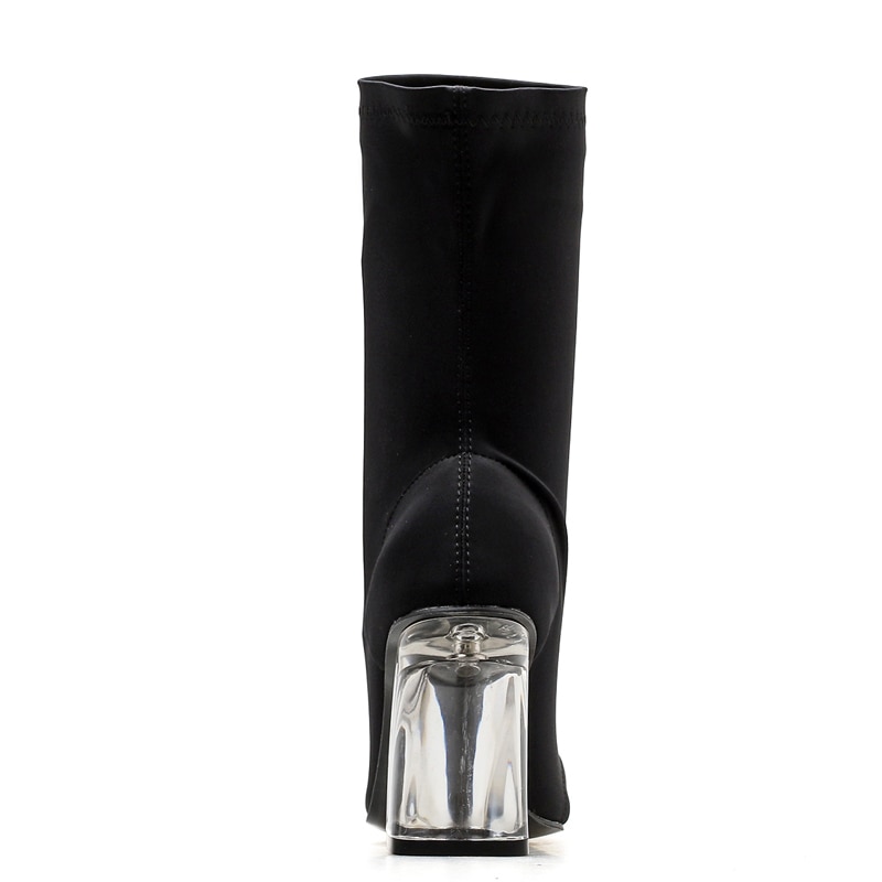 Botas de mujer Botines elásticos de Punta puntiaguda de tacón grueso zapatos de tacón alto botas de tacón transparente negras para mujer