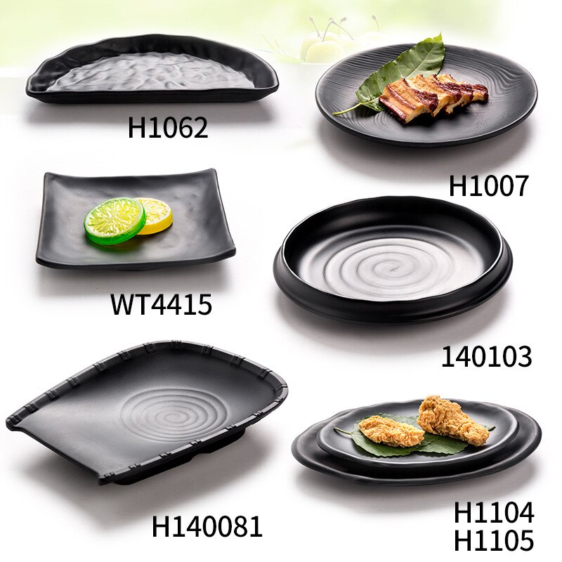 Melamin svart tallerken porselen imitasjon frost biff sushi dessert tallerken kjøkken matbit servise fast skrivebord oppsett