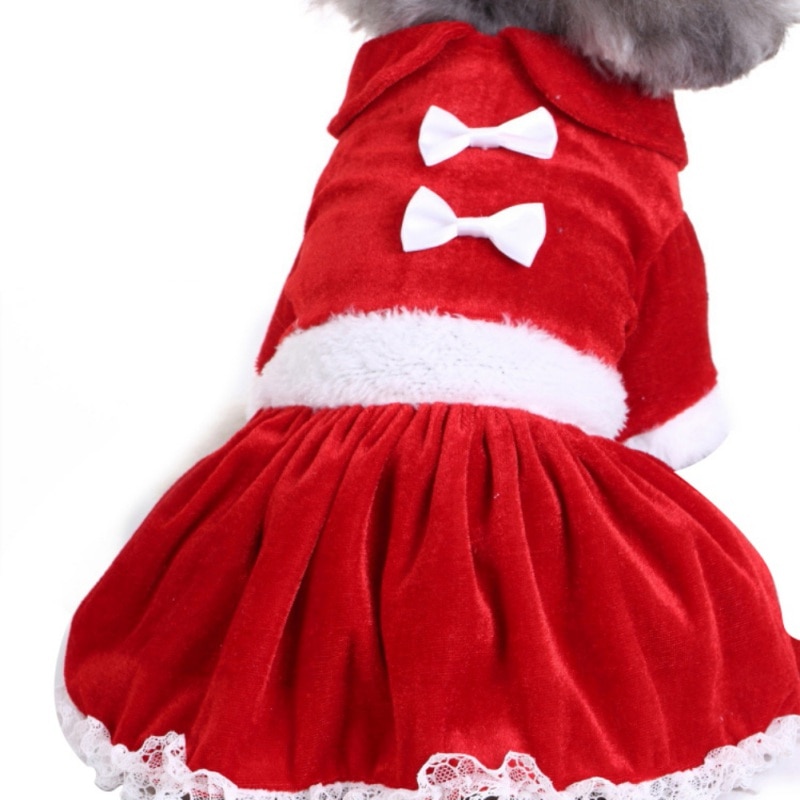 Vinter varm julekjole dejlig rød sløjfe hvalpe nederdel kæledyr hund blonder bomuld jule hund kostume yorkie chihuahua kattetøj