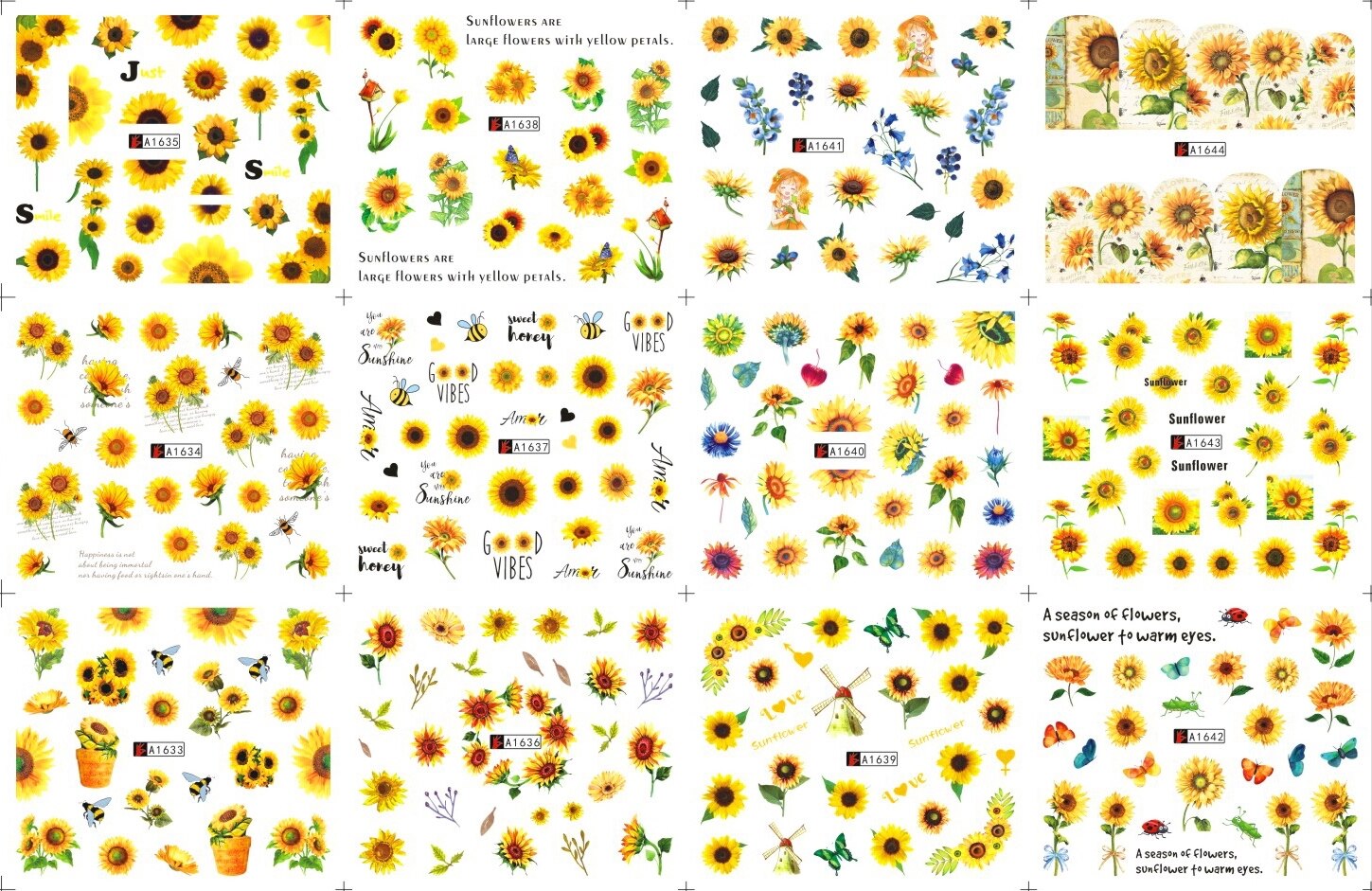 12pcs Spring Flower Nail Stickers Sunflowers Deisgn Water Transfer Decals DIY Nail Art Watermark Manicure Manicure Decor: A1633-1644