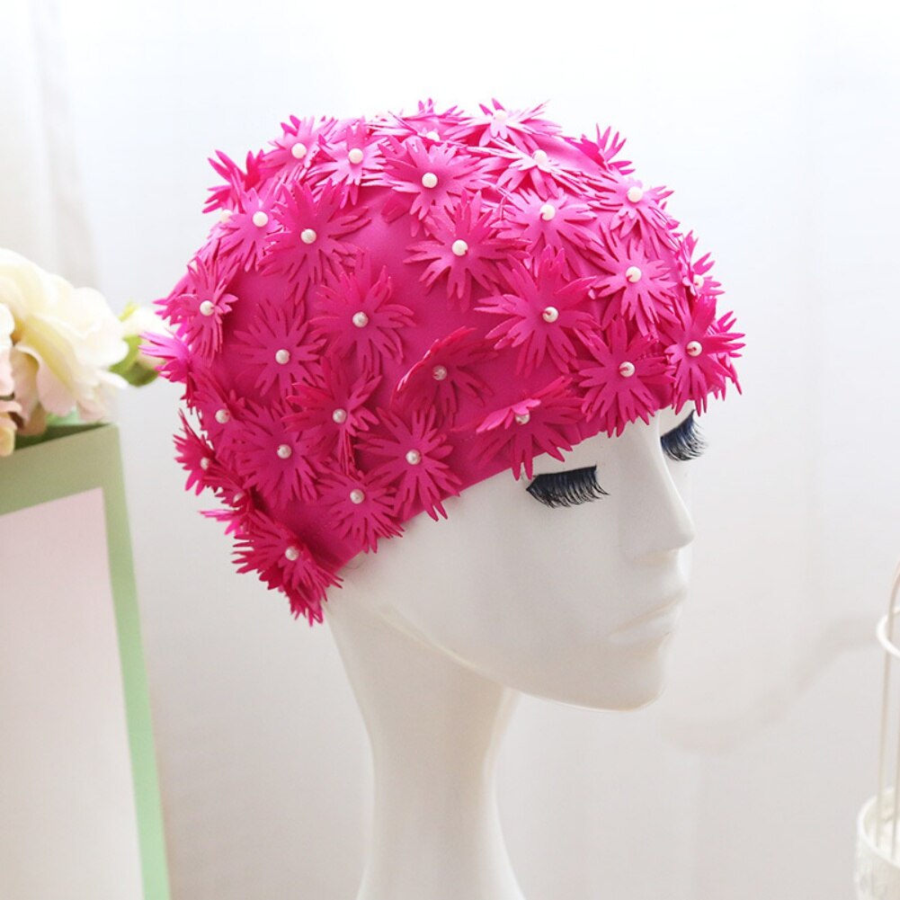 Gorro de baño con de flores 3D para mujer, gorro de baño impermeable, sombrero para champú, gorro de playa para nadar, gorros de ducha de pelo largo