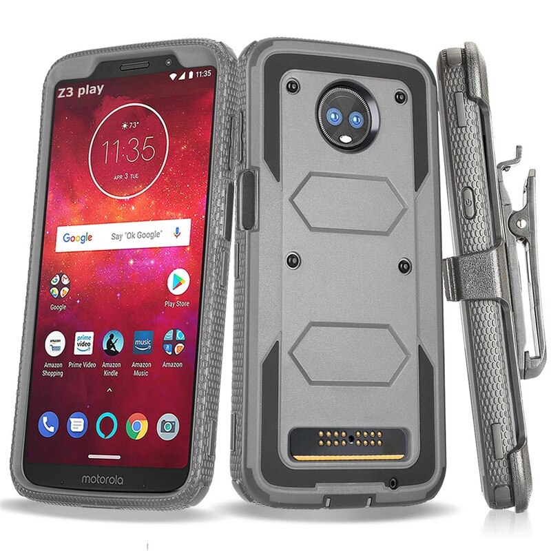 Heavy Duty Hybrid Armor Case Shockproof Impact Beschermende Riemclip Holster Kickstand Cover Voor Motorola Moto Z3/Moto Z3 spelen: Gray