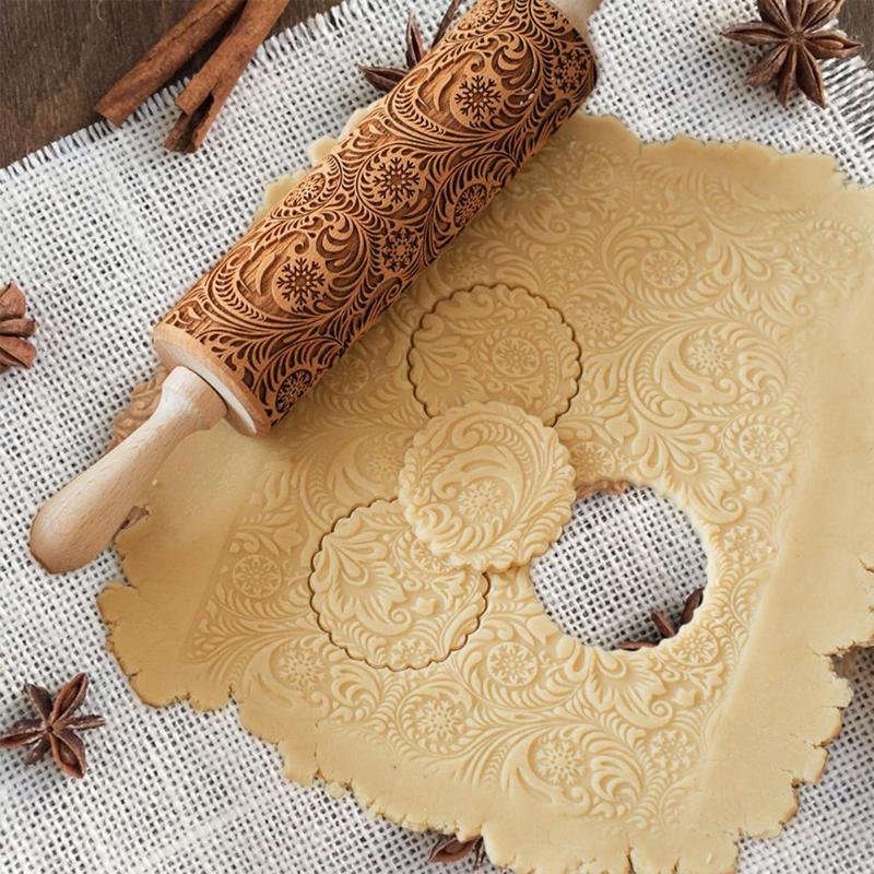 Kerst Embossing Fondant Deegroller Bakken Cookie Biscuit Cake Deeg Gegraveerde Roller Keuken Tool 35/43 Cm