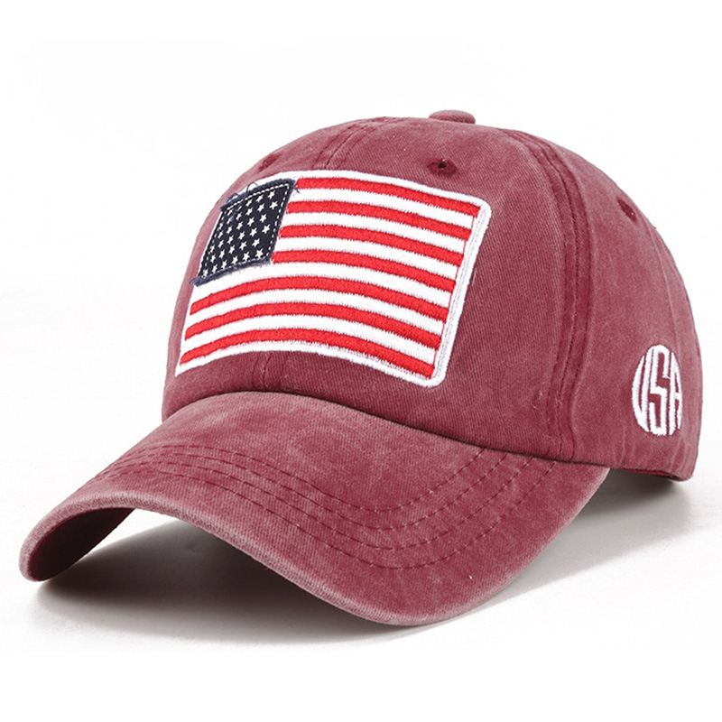 USA Flag Embroidery Baseball Cap Washed Distressed Sports Hat Adjustable Sunscreen Dad Hats For Women Men: wine red