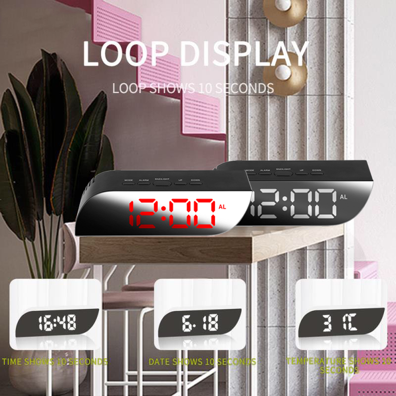 Rectangle Multi-function Desk Clocks Digital Mirror LED Alarm Clock Night Lights Thermometer Electronic Table Clock