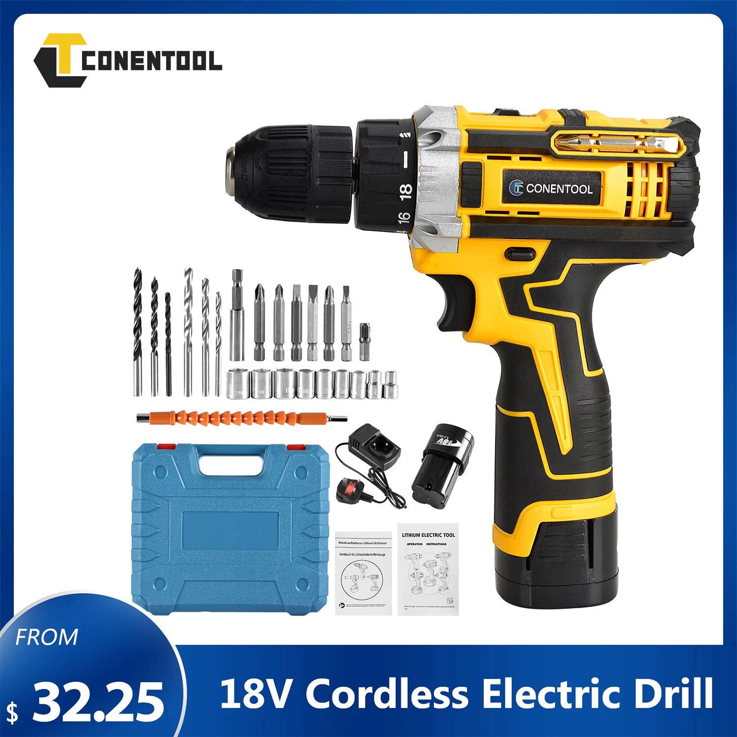 CONENTOOL-destornillador eléctrico inalámbrico recargable, taladro de impacto LED de 2 velocidades, herramientas eléctricas, batería de 1.5Ah, 18V