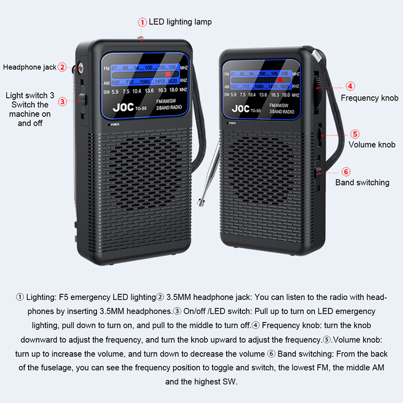 Transistor de radio de emergencia portátil FM AM SW con linterna LED reproductor de radio con pilas para personas mayores caminando
