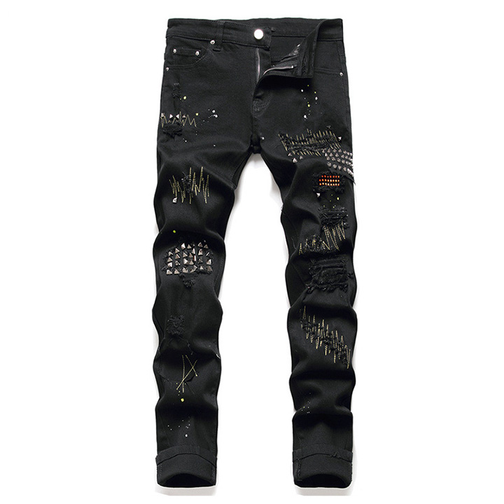 KIOVNO – jean déchiré à rivets pour homme, pantalon en Denim extensible, coupe ajustée, style Hip Hop, noir, Streetwear: 36