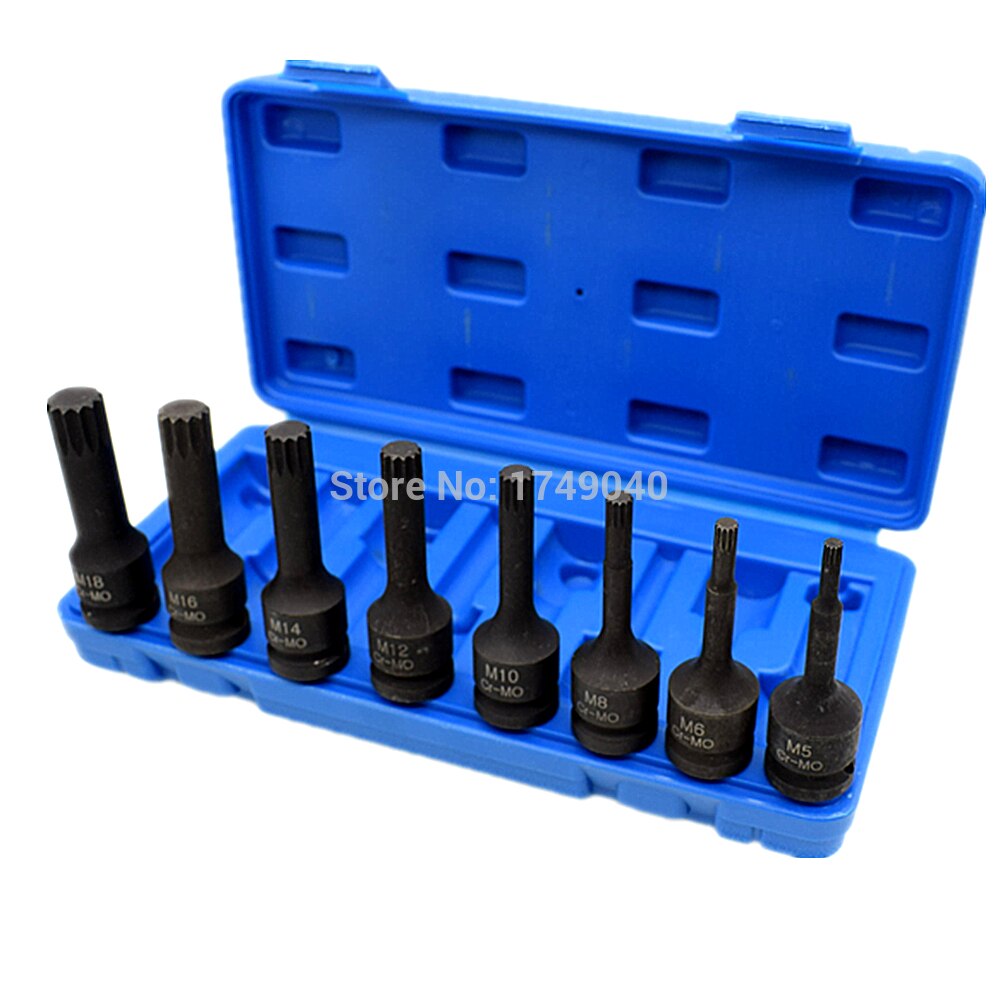 Impact Spline Socket Bits 8pcs Set M5 M6 M8 M10 M12 M14 M16 M18 CR-MO Screw Driver Bit Screwdriver Bits 1/2" Square Drive
