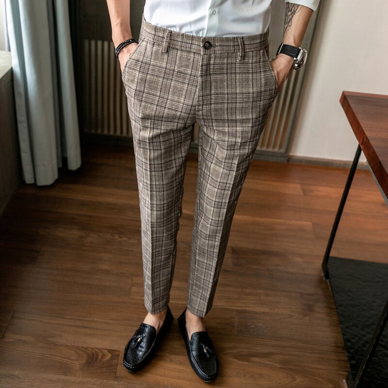 British Formal Suit Pants Men's Brown Classic Plaid Suit Pants Men's Casual Business Slim Office Work Pants Pants
