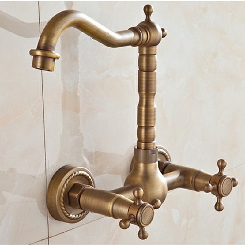 Luxe antieke bronzen wandgemonteerde badkraan met draaibare dubbele hendel voor koud en water