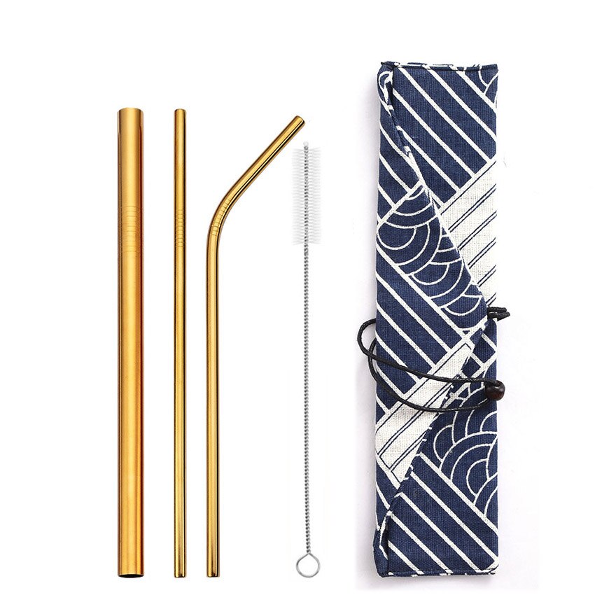 Reusable Metal Drinking Straws 304 Stainless Steel Straw Bent Straight Smoothies Straw with Cleaning Brush Bar Party Accessory: gold-bag2