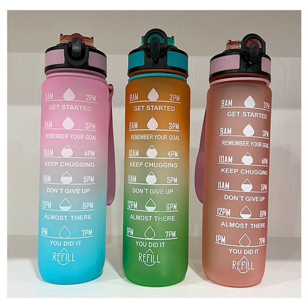 1L Große Kapazität Wasser Flasche Stroh Tasse Kunststoff Wasser Tasse Zeit Skala Matt Outdoor Sport Student Paar Tasse Wasser Flaschen