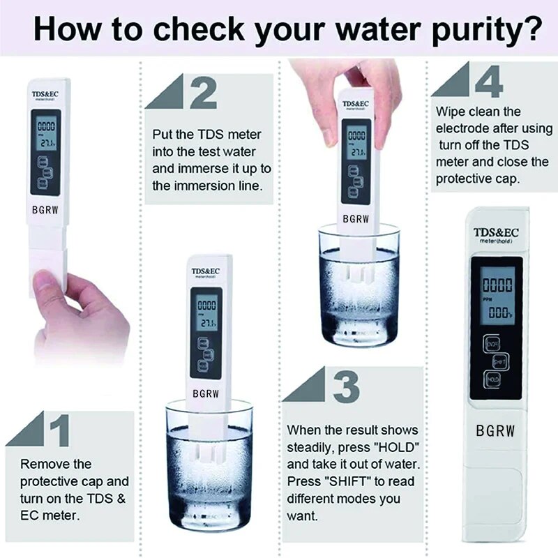 1Pc Wit Digitaal Water Tester Tds Ec Meter Bereik 0 Tot 9990 Multifunctionele Waterzuiverheid Temperatuur Temp Ppm Tester