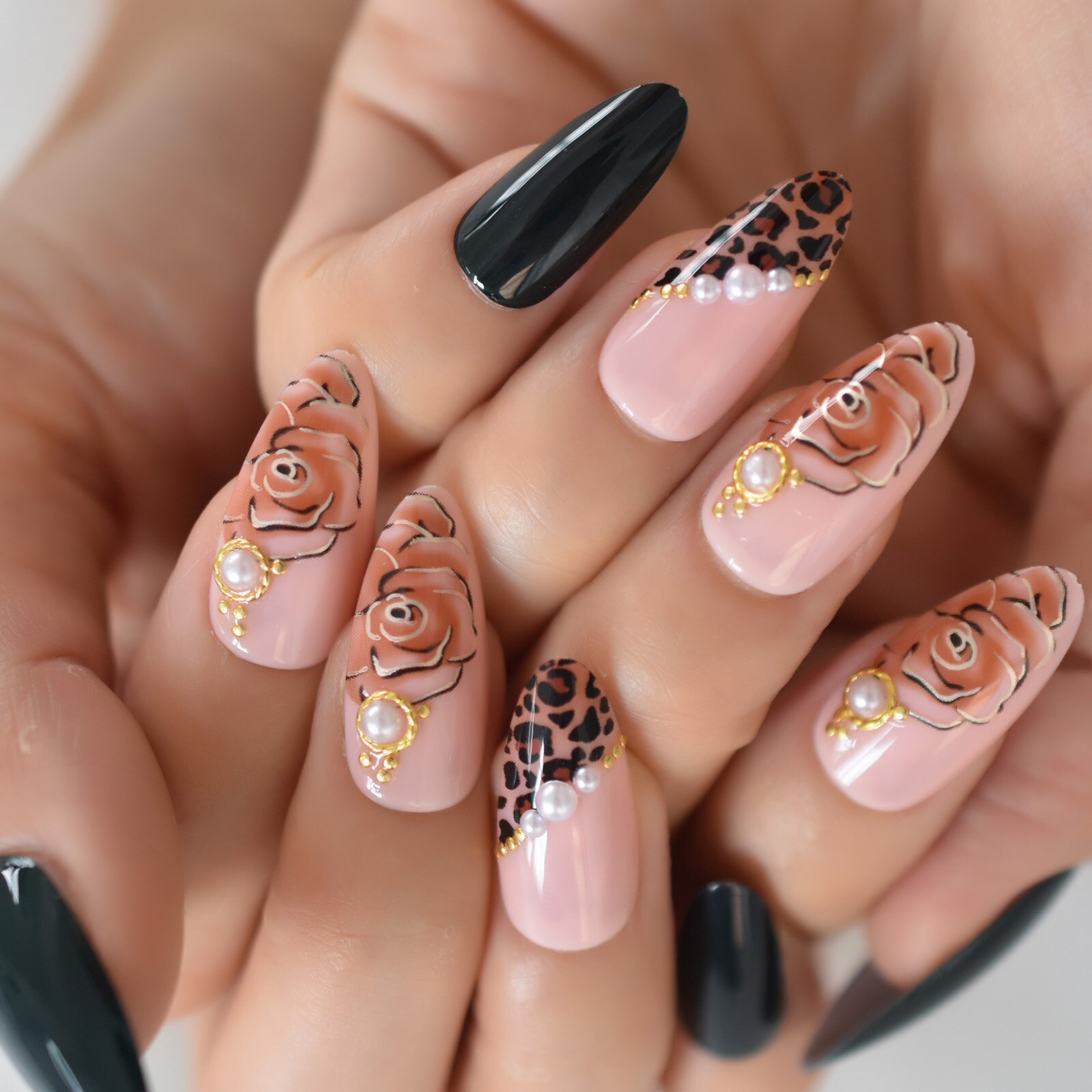Rose negle tryk på negle mandel medium-korte fingernegle spidser flase nails art forsyninger til professionelle echiq negle 24 stk.