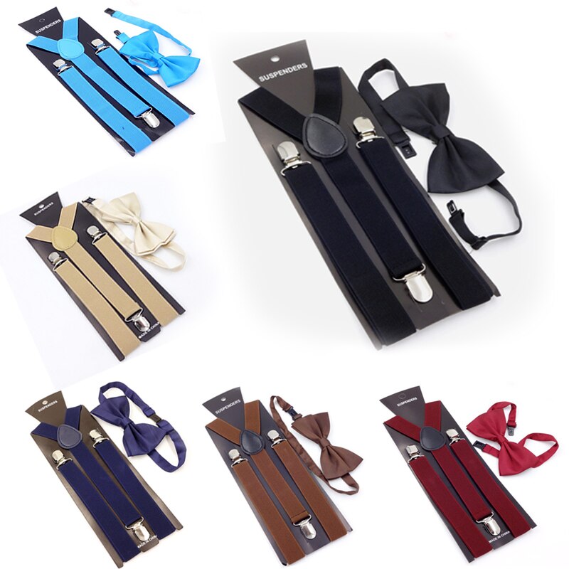 Couleur unie homme ceinture noeud papillon ensemble hommes femmes bretelles Polyester y-back bretelles nœud papillon réglable élastique mariage cravate accessoire