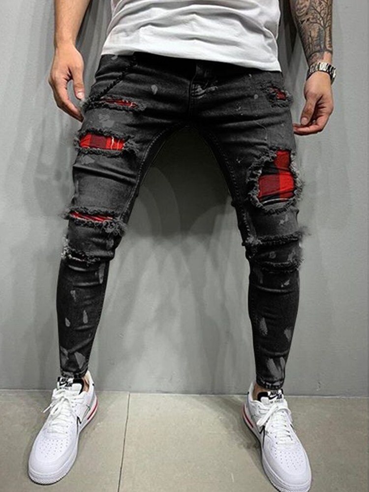 Vaqueros rasgados ajustados para hombre, pantalones pitillo ajustados con estampado de letras, ropa de calle, disfraz de tela vaquera con fecha de ,: Black / M