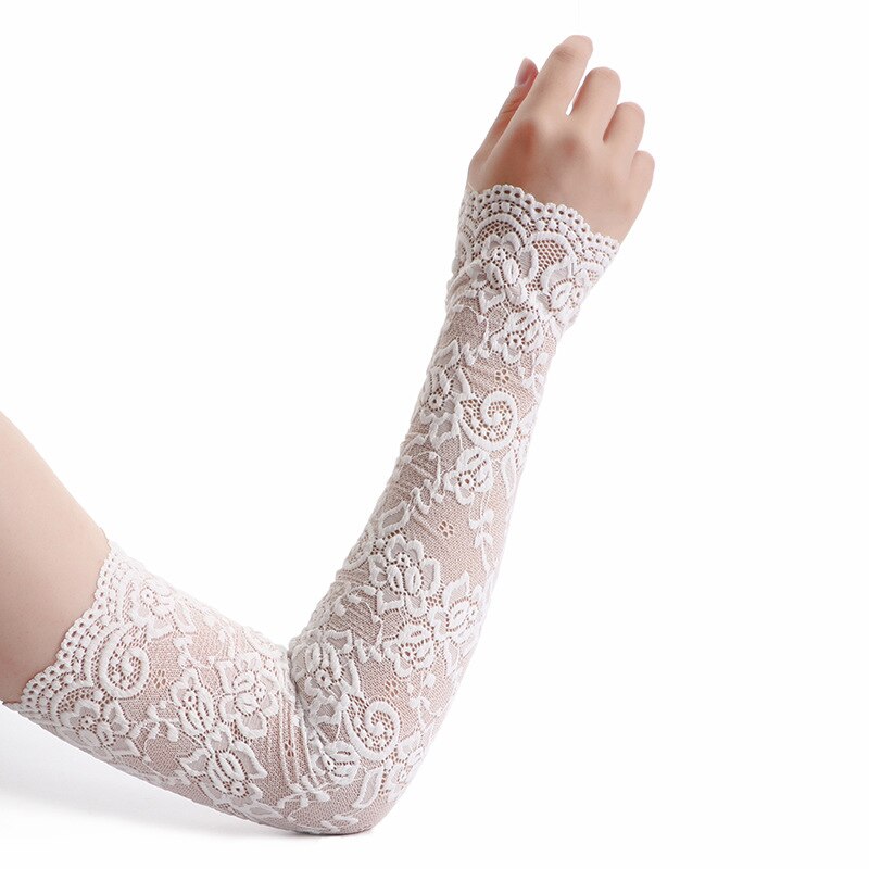 Summer Sunscreen Lace Arm Sleeve Women Arm Cover Classic UV Protection Ice Arm Cuffs Fingerless Driving Gloves: White