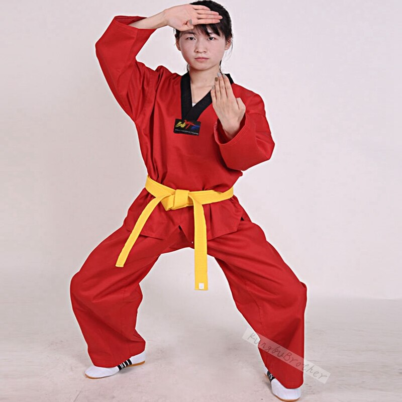 Sort rød taekwondo uniform gi wtf dobok 7.5 oz.  elastisk løbegang medium vægt uniform