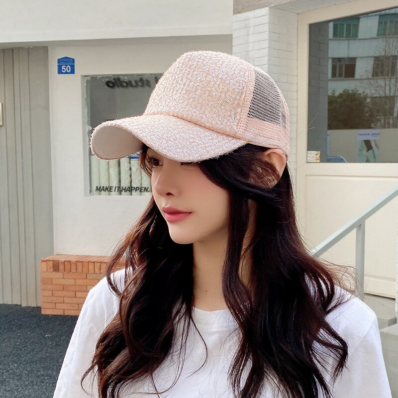 Gorra de béisbol de malla transpirable para mujer, gorro con lentejuelas, parasol, sombreros de Sol para viajes al aire libre, visera ajustable