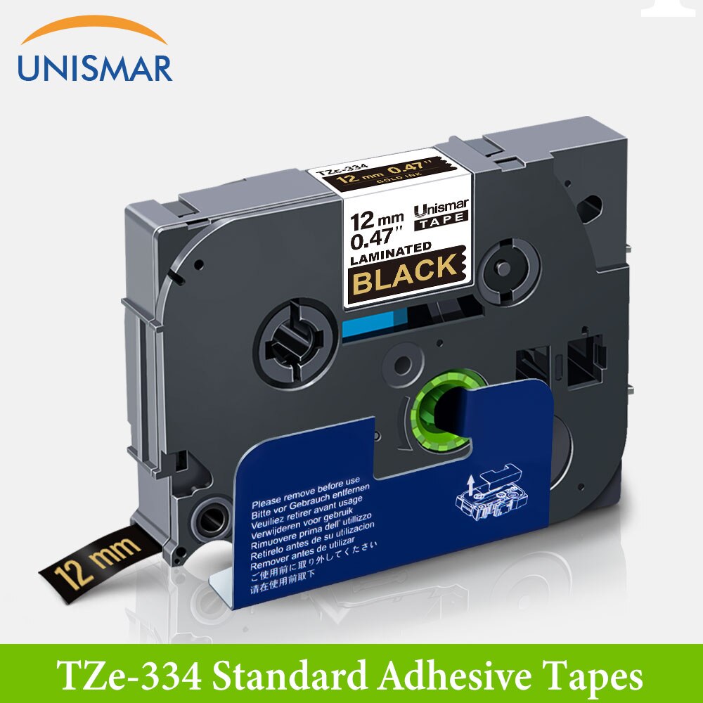 Unismar blanco en claro TZ-135 12mm cinta para etiquetas laminada hermano TZe 334 TZ cinta para P touch PT-D210 PT-H110 fabricante de etiquetas: Gold on Black