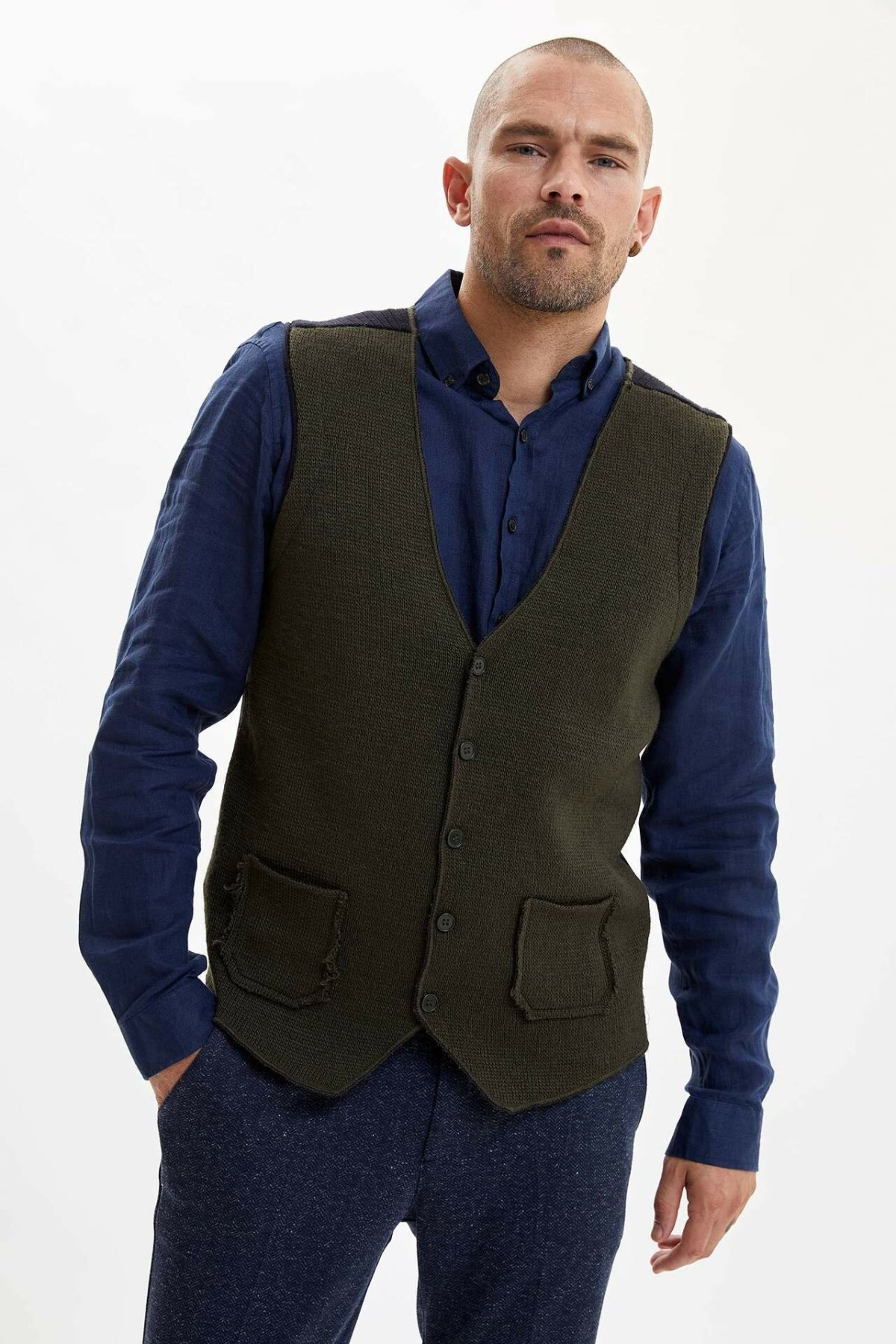 DeFacto Man Spring Knitted Vest Men Casual Pocket Decors Vest Tops Male Black Green Color Vest-I3539AZ18SP: Green / XL