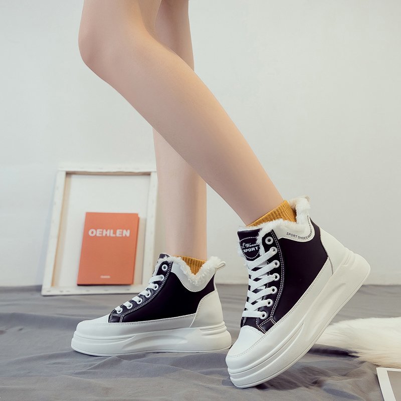 Winterschoenen, warme schoenen voor dames, platformschoenen, casual pluche hoge sneakers, dikke sneakers voor dames, damesschoenen met mandje