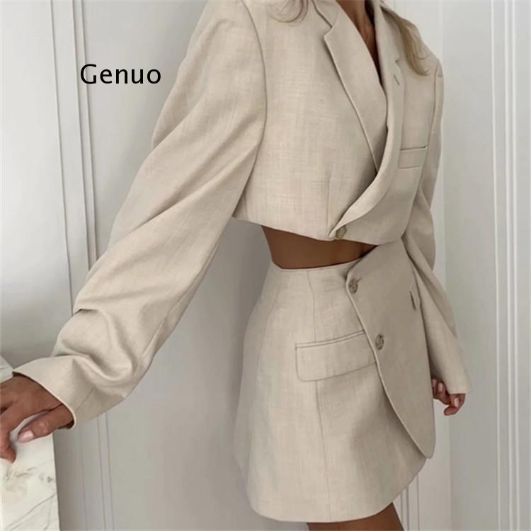 Traje de falda superior para mujer, de color sólido Chaqueta corta, trajes de falda corta con solapa, una hilera de botones, Chaqueta corta de manga larga para otoño, 2 uds.