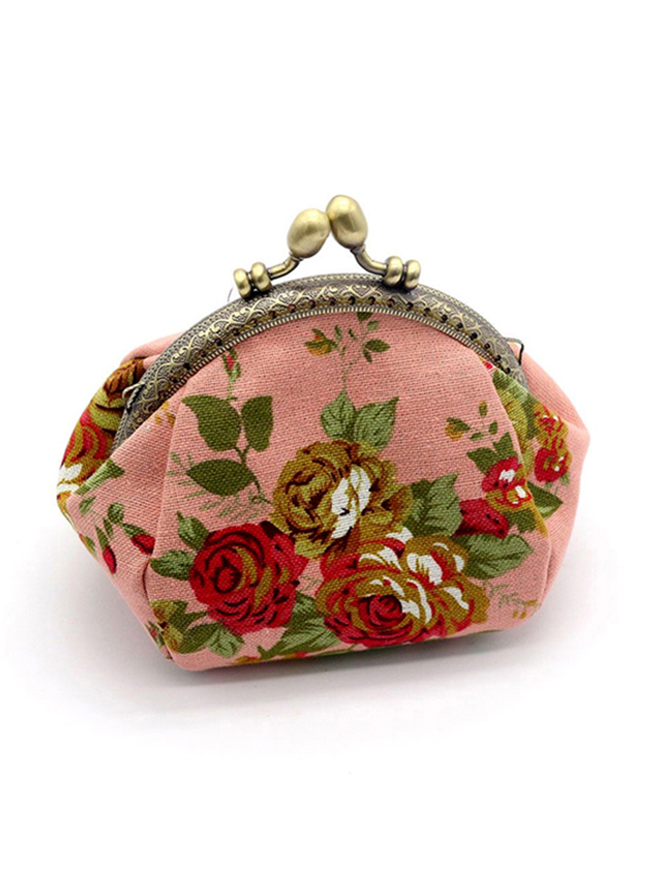 Women's vintage rose print canvas coin purse, kiss lock clip fabric purse card bag storage bag: Pink