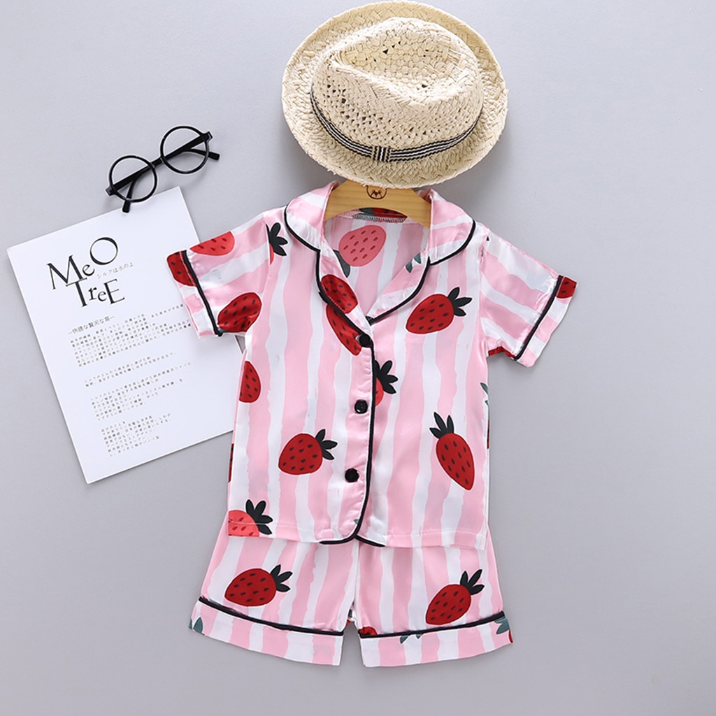 Ensemble de pyjamas pour enfants à rayures aux fraises ensemble de pyjamas pour enfant en bas âge garçon fille à manches courtes hauts + shorts pyjamas vêtements de nuit: Rose / 24M