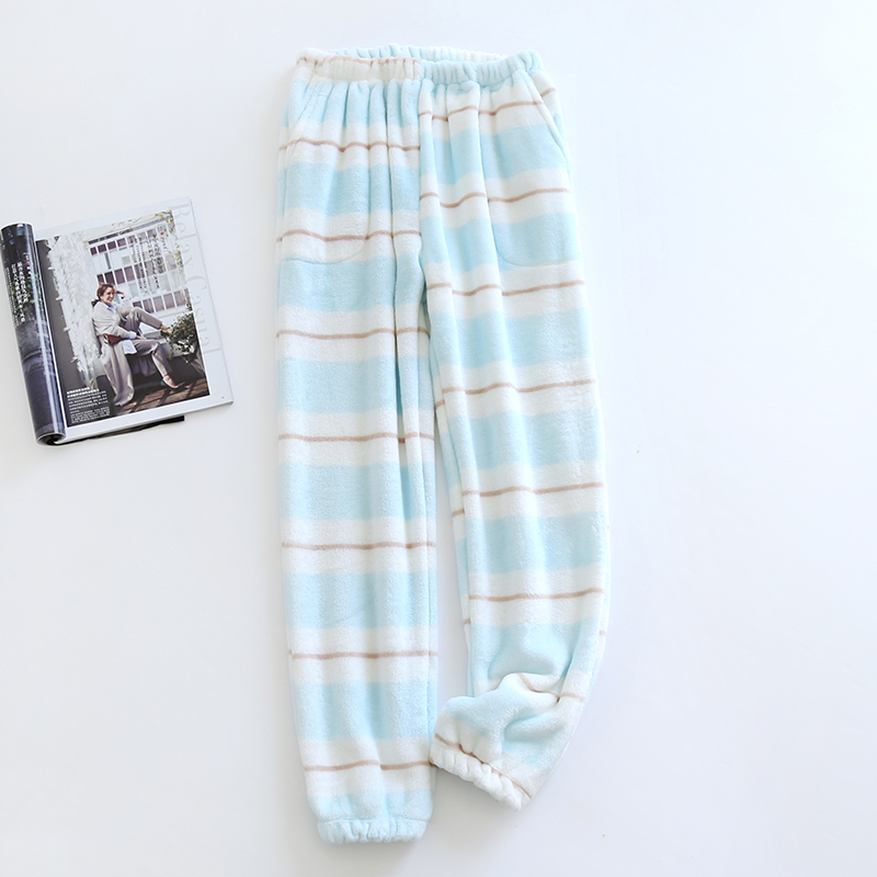 Ropa de casa de franela cálida para Mujer, pantalones de pijama gruesos de terciopelo, pantalón de dormir, ropa de invierno: Blue Stripes / M