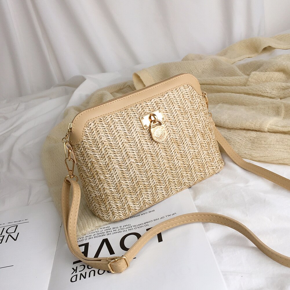 Mode Stro Crossbody Tas Geweven Pu Lederen Boho Strand Vrouwen Dames Shell Schoudertassen Zomer Handtassen: Light Brown