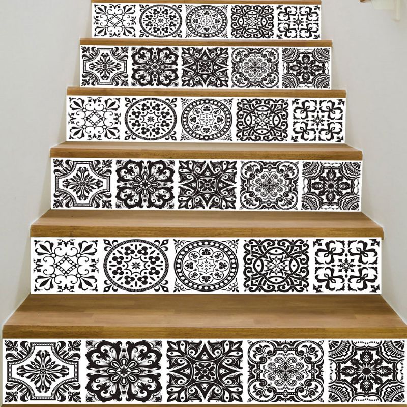 6 st / uppsättning 3d svart mandala trappa trappsteg golv klistermärke självhäftande diy trappa vattentät pvc väggdekaler heminredning