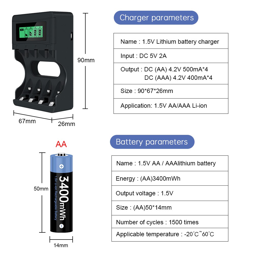 1.5V AA Rechargeable Battery 3400mWh Rechargeable Battery AA 1.5V for Controller Camera AA 1.5V Rechargeable Battery AA 1.5V