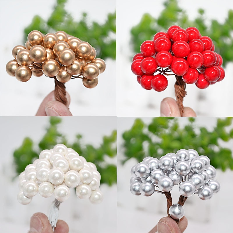 50 stk / lot 1cm mini kunstige blomster frugt støvdragere jul plast perle bær til bryllup diy boks dekoreret kranse