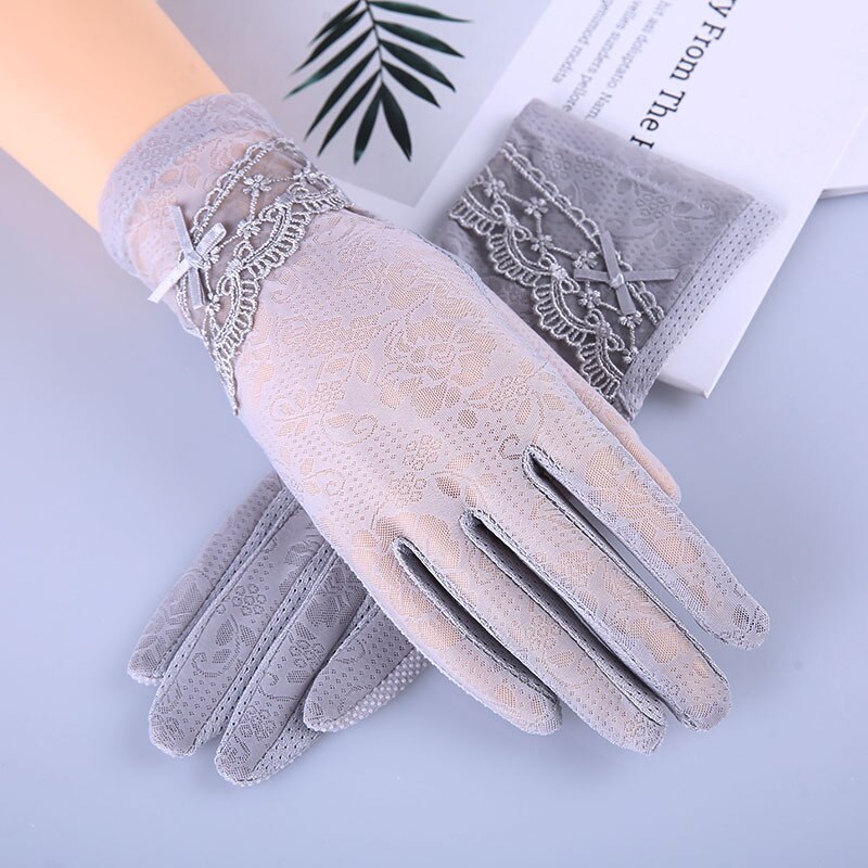Vrouwen Zomer Boog-Knoop Outdoor Touchscreen Vinger Handschoenen Ijs Zijde Kant Zonnebrandcrème Anti-Slip Rijden Handschoenen: GRAY