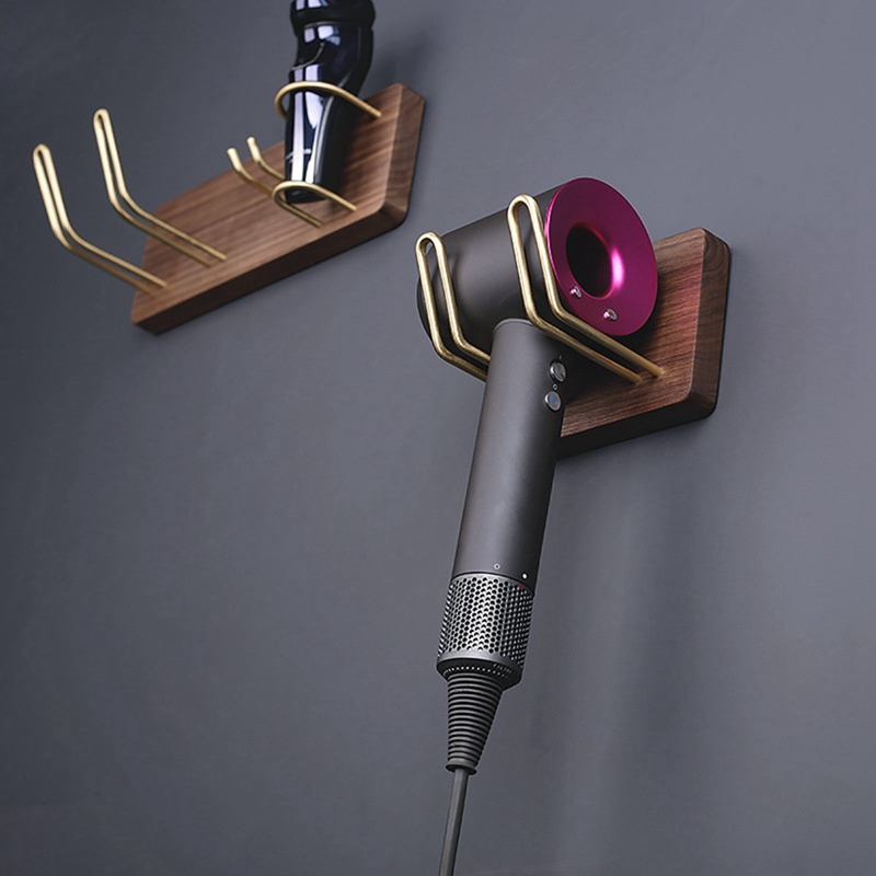 Solid Wood Hair Dryer Holder Wall Mounted Multi-Function Bathroom Rack Shaver Holder Toothbrush Holder Plug Rack