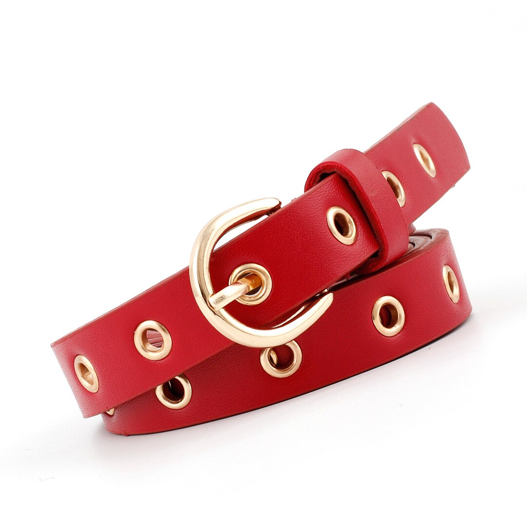 Cinturón de cuero con agujeros de ojal para mujer, cinturón ajustable con ojal fino y estrecho: Rojo