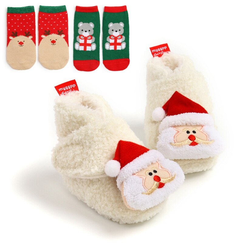 Bebê primeiro andar sapatos menina menino macio anti-deslizamento sapatos natal cervos papai noel bonito sapatos de bebê + 2 headbands/2 meias terno: F / -M