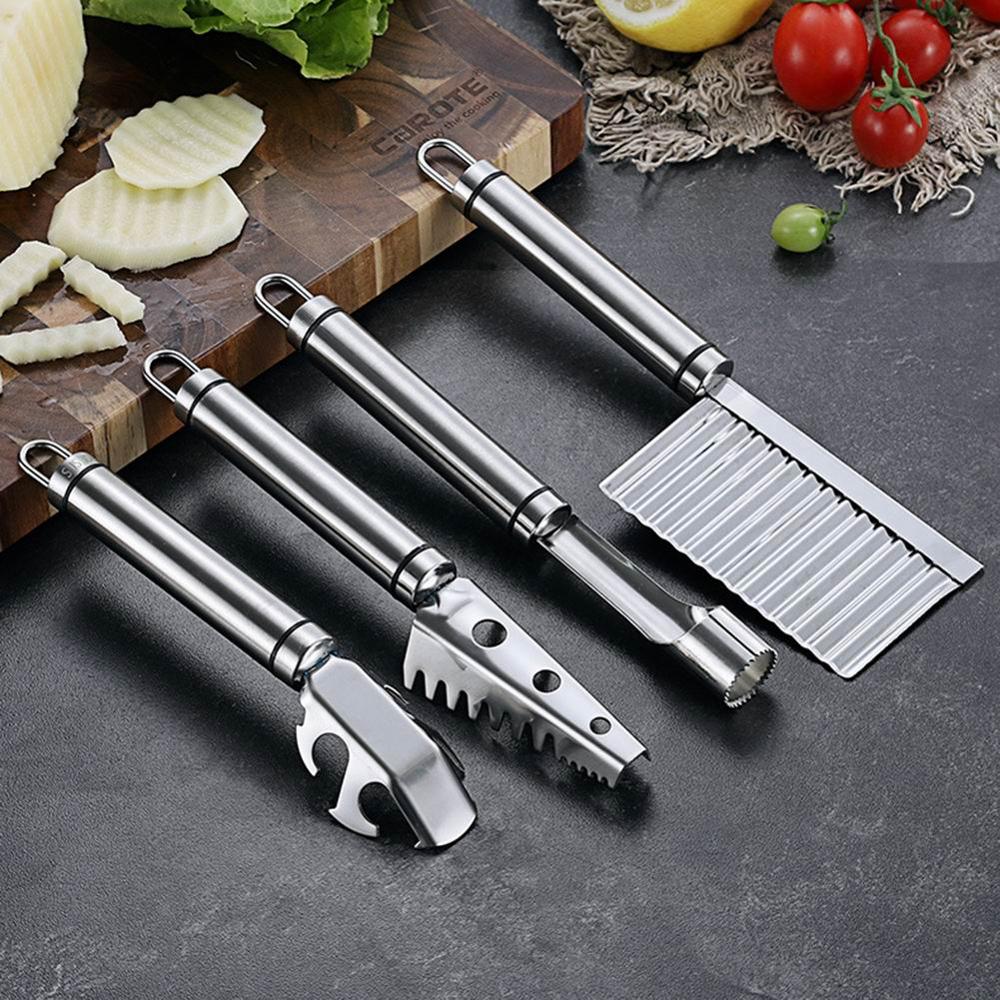Kitchen Gadgets 4 Pcs Stainless Steel Kitchen Tools Fish Scaler Wavy Crinkle Dish Gripper 35FP18
