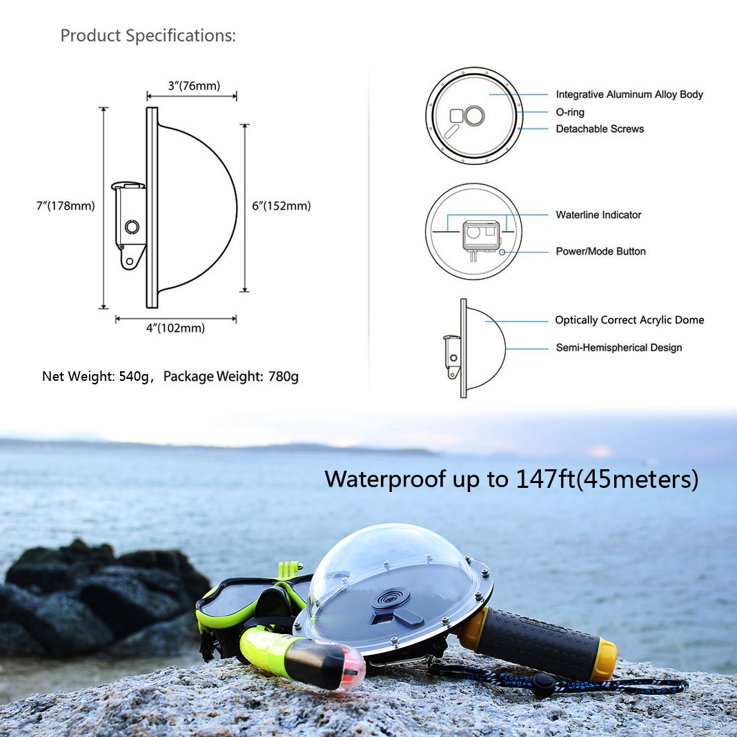QIUNIU 6 "Aluminium Dome Poort 45M Onderwater Waterdichte Duik Behuizing Case Lens Cover voor GoPro Hero 4 3 + 3 Go Pro Accessoire