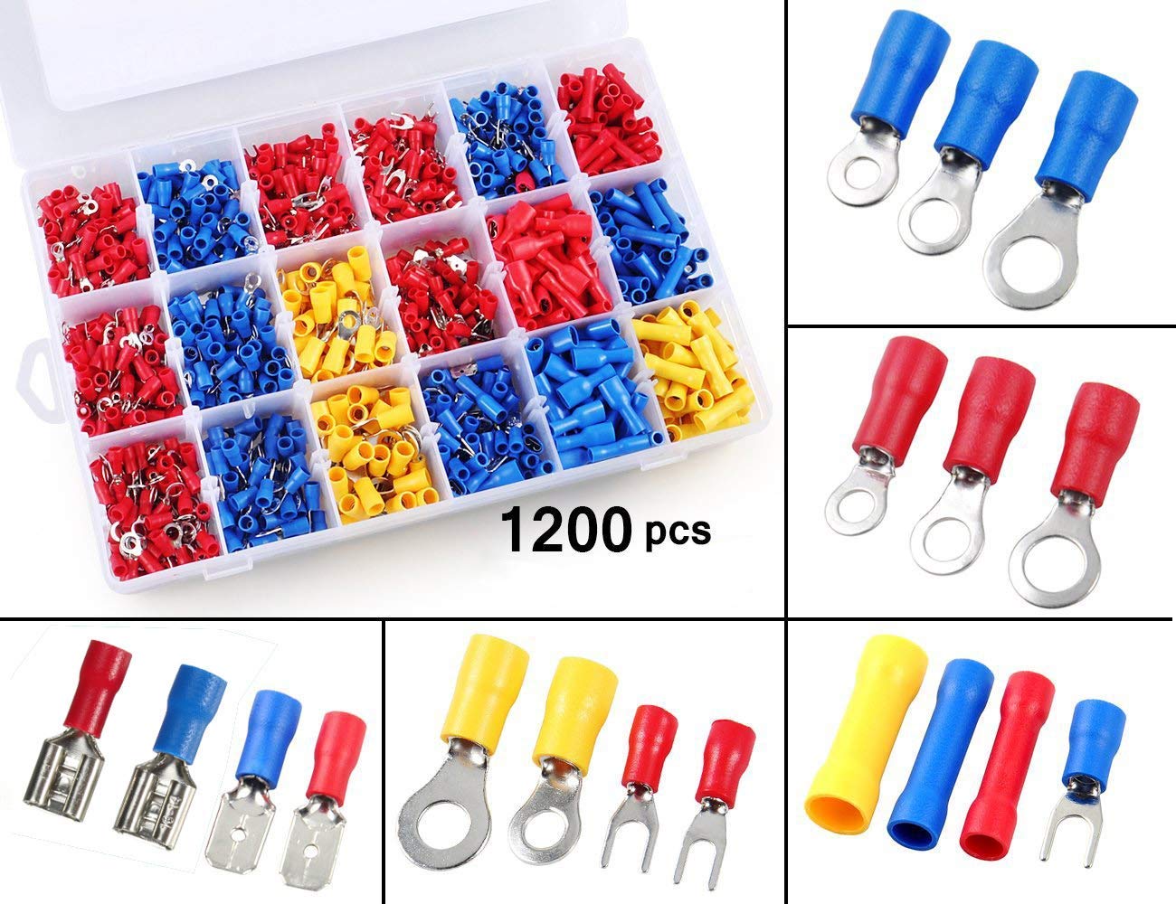 1200Pcs Crimp Connectors, Uyo Type Geïsoleerde Elektrische Connectors Set Inclusief Ring Bullet Spade Butt Splice En Piggy Back