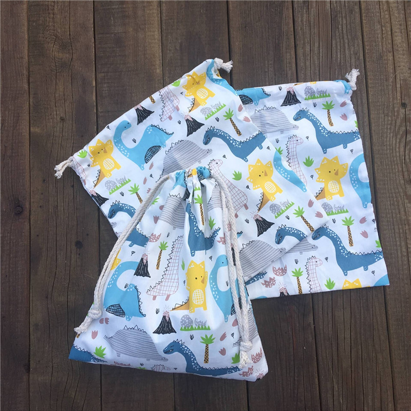 YILE 1pc Cotton Drawstring Sorted Pouch Party Bag Print Dinosaur Tree White Base 81120a