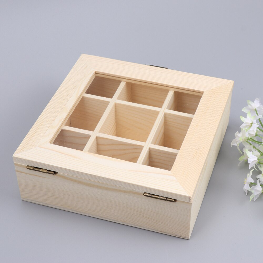 Coffee Storage Box Organizer Wooden Tea Box with 9-Compartment and Glass Window Tea Coffee Display Case Tea Bag Chest Letters